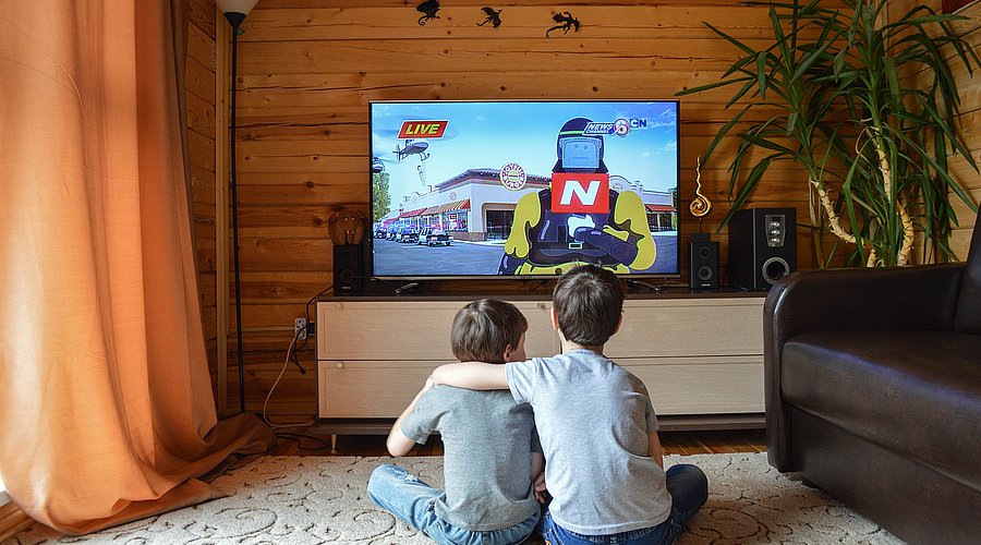 Zwei Jungen sitzen auf dem Teppich vor dem Fernseher, zu sehen ist ihre Rückenansicht. Der Ältere hat dem Jüngeren einen Arm um die Schulter gelegt, im Fernsehen läuft ein Action-Zeichentrickfilm. 