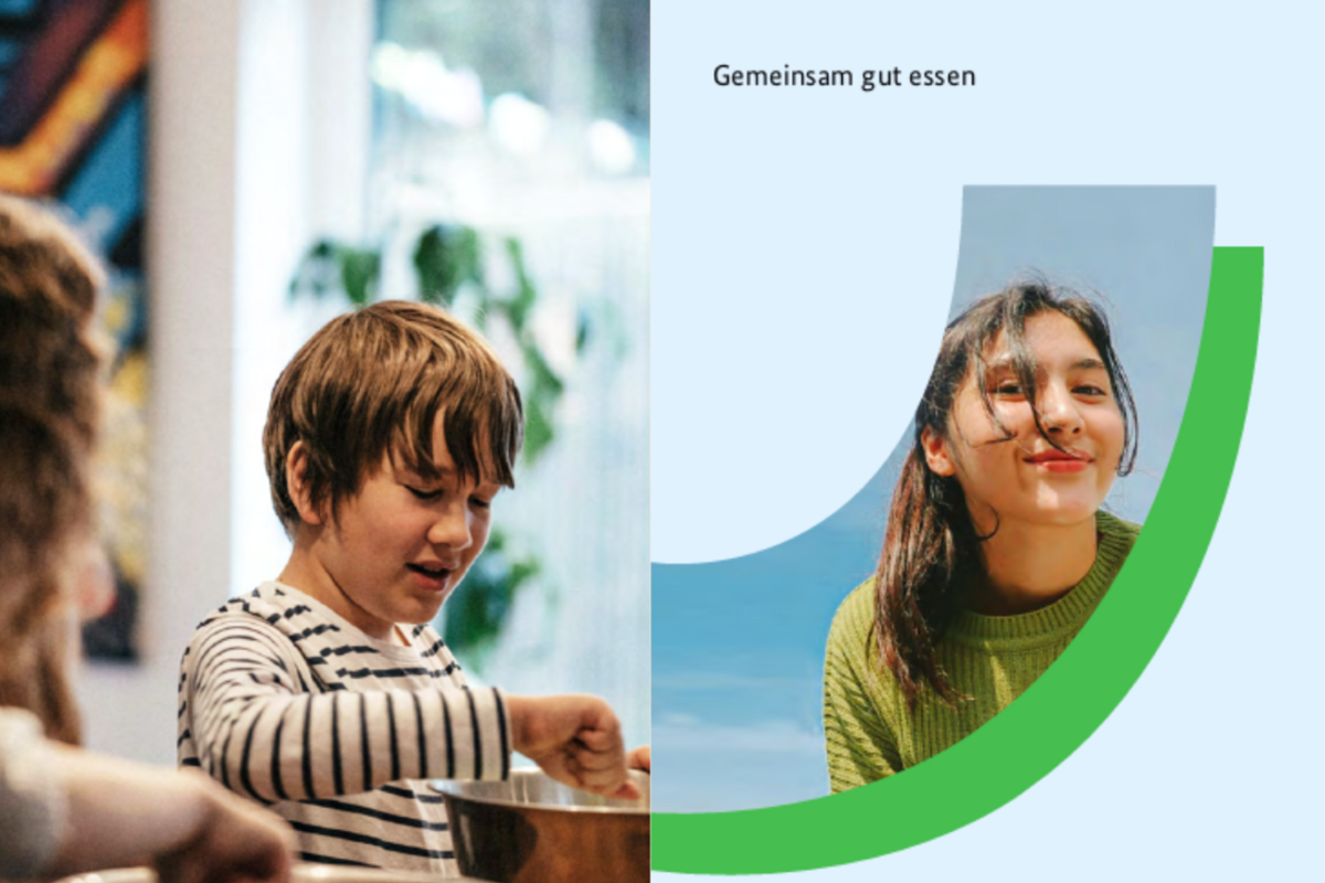 links: Junge und Mädchen rühren in Schüsseln; rechts: Coverbild Flyer