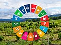 Landschaft mit Grafik zu den 17 Sustainable Development Goals