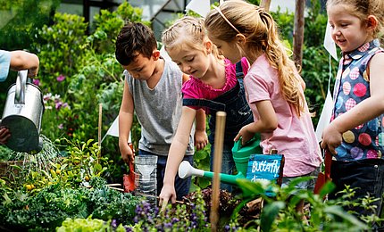 Schulkinder arbeiten im Schulgarten.