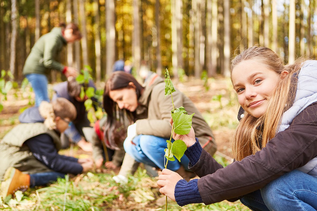 Mädchen pflanzt einen Baum-Setzling als Klimawandelbaum. 