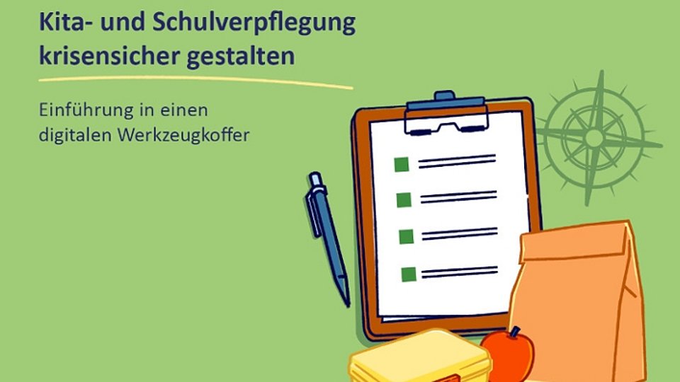 Grafik mit Checkliste, Apfel, Brotbox und Lunchtüte