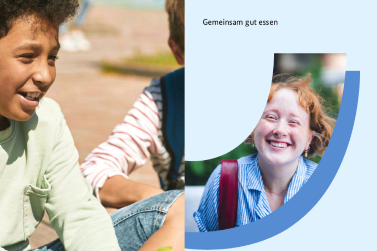 links: lachender Junge; rechts: Deckblatt Flyer