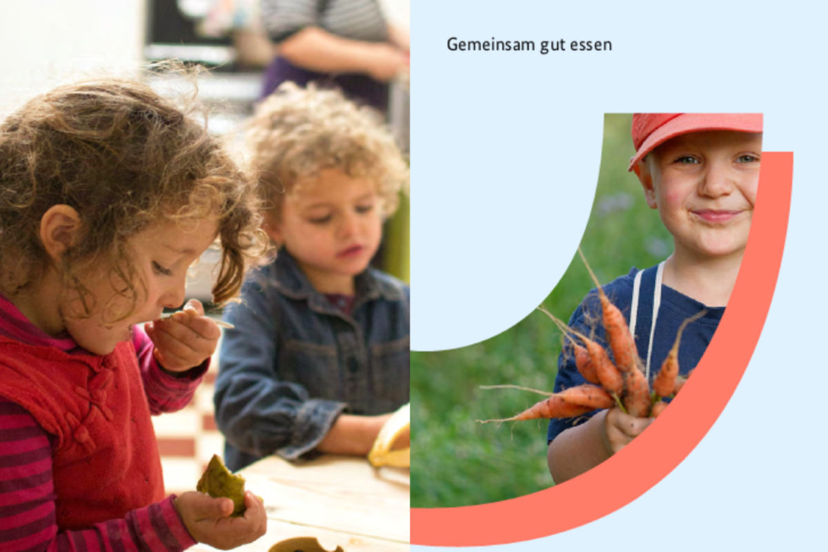 links: Kita-Kinder beim Essen; rechts: Deckblatt Flyer
