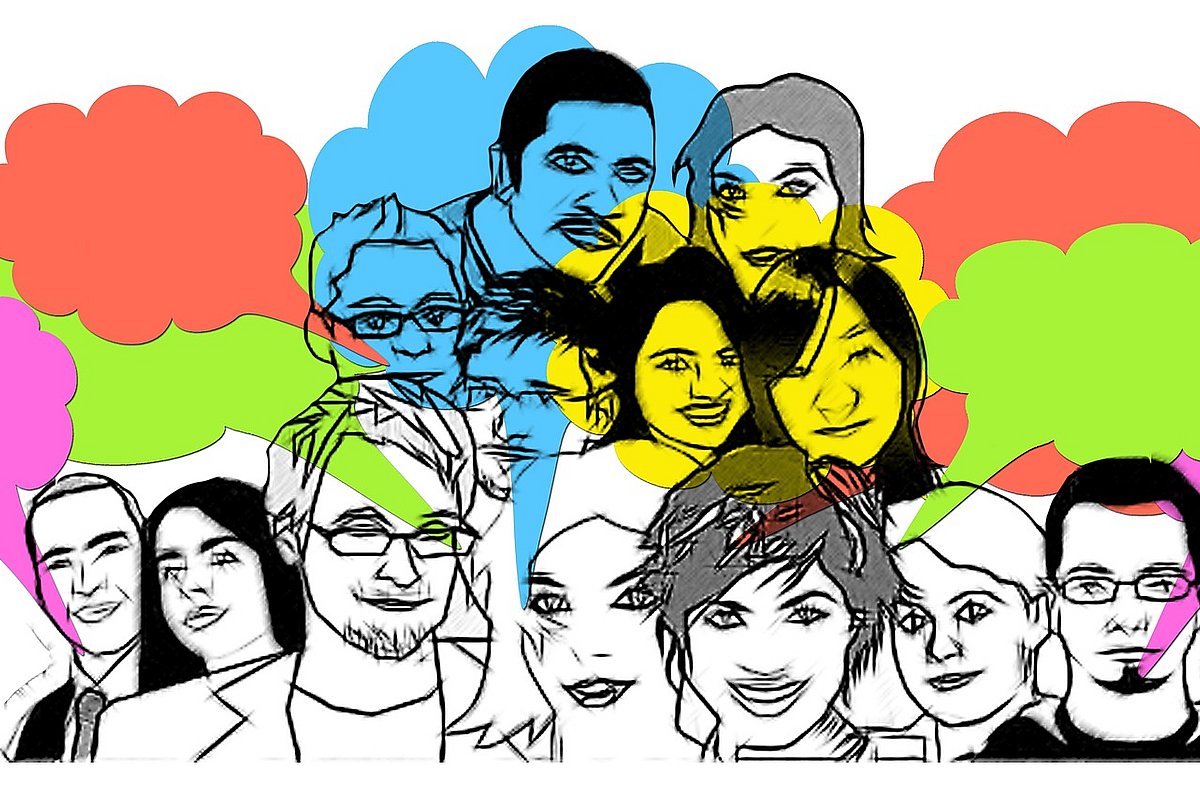 gezeichnete Menschen mit Sprechblasen