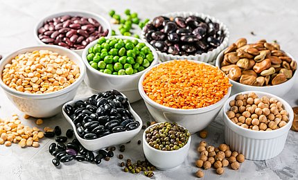 Verschiedene getrocknete Hülsenfrüchte stehen in kleinen Schüsseln.