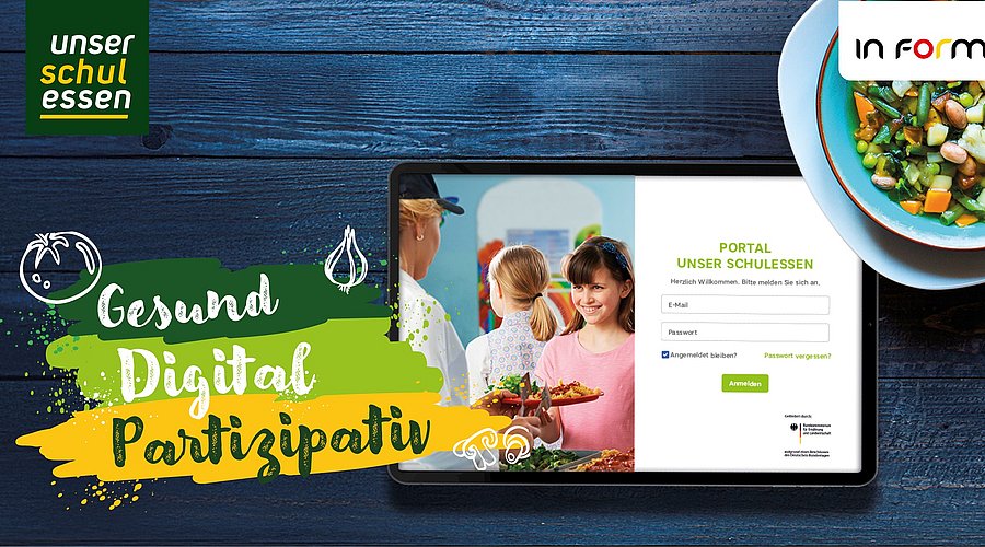 Teaserbild für das Qualitätsmanagement-Tool Unser Schulessen, Tablet mit zugang zu Portal und eine Schüssel mit buntem Gemüseeintopf