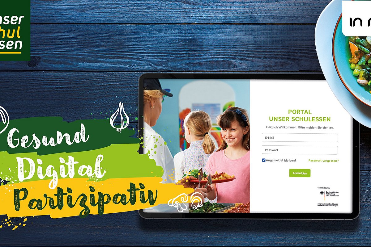 Teaserbild für das Qualitätsmanagement-Tool Unser Schulessen, Tablet mit zugang zu Portal und eine Schüssel mit buntem Gemüseeintopf