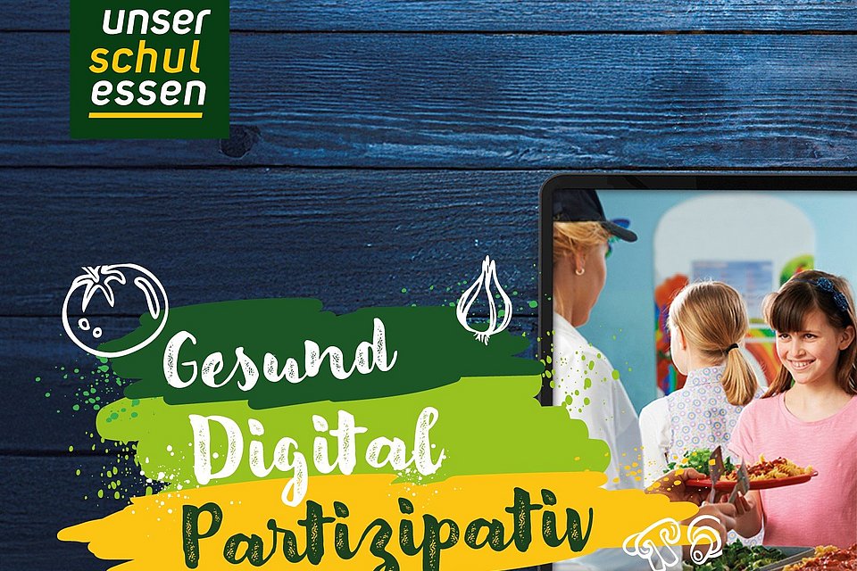 Teaserbild für das Qualitätsmanagement-Tool Unser Schulessen, Tablet mit zugang zu Portal und eine Schüssel mit buntem Gemüseeintopf