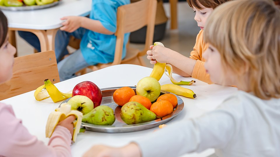 Kita-Kinder am Tisch mit Obst-Teller