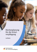 Titelbild des digitalen Leitfadens Küchenplanung für die Schulverpflegung mit Schulkindern bei der Auswahl eines Schulessens.