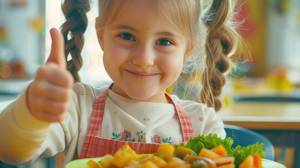 Ein Mädchen im Kindergartenalter sitzt am Tisch vor einem gefüllten Teller und zeigt die Daumen hoch-Geste mit einem Lächeln.