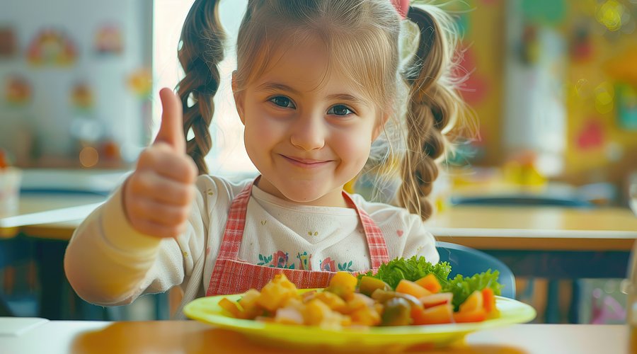 Ein Mädchen im Kindergartenalter sitzt am Tisch vor einem gefüllten Teller und zeigt die Daumen hoch-Geste mit einem Lächeln.