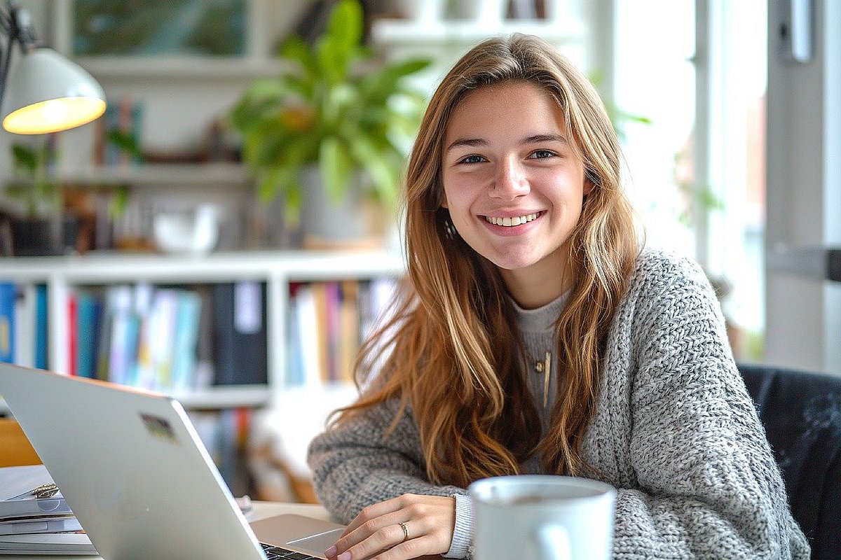 Junge erwachsene Frau sitzt am geöffneten Laptop.