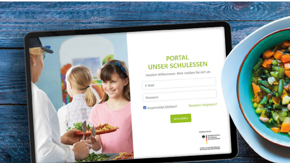 Logo und Startseite des Qualitätsmanagement-Tools Unser Schulessen