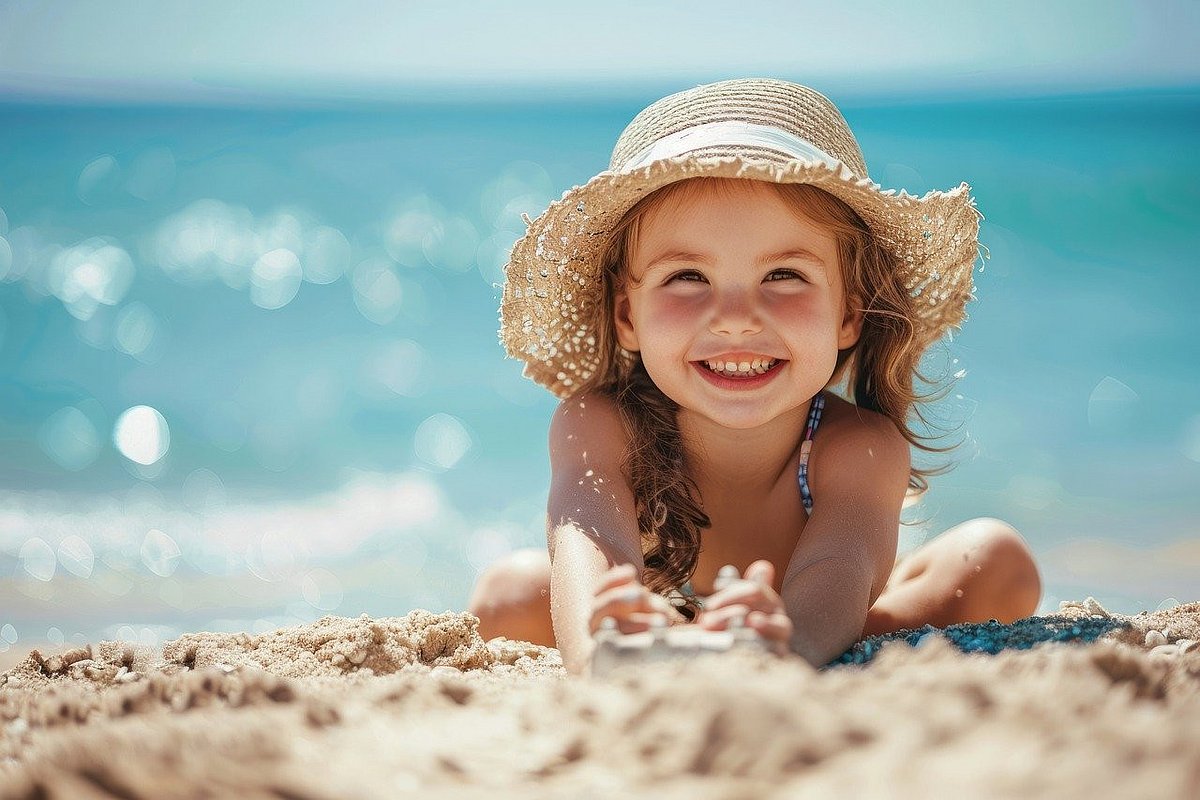 Kleines Mädchen mit Strohhut liegt am Sandstrand.