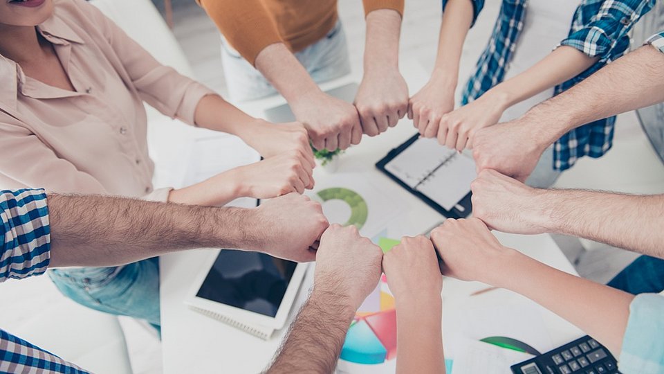 Team streckt Fäuste im Kreis zusammen