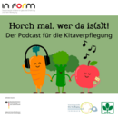 Illustration zeigt fröhliches Gemüse mit Mikrofon, Kopfhörern, Podcast-Titel auf hellem Grund.
