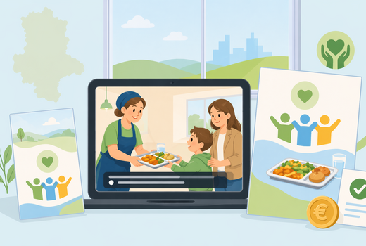 Illustration mit Infomedien (Video, Flyer, Plakat) zum Mittagessen im BuT-Rahmen