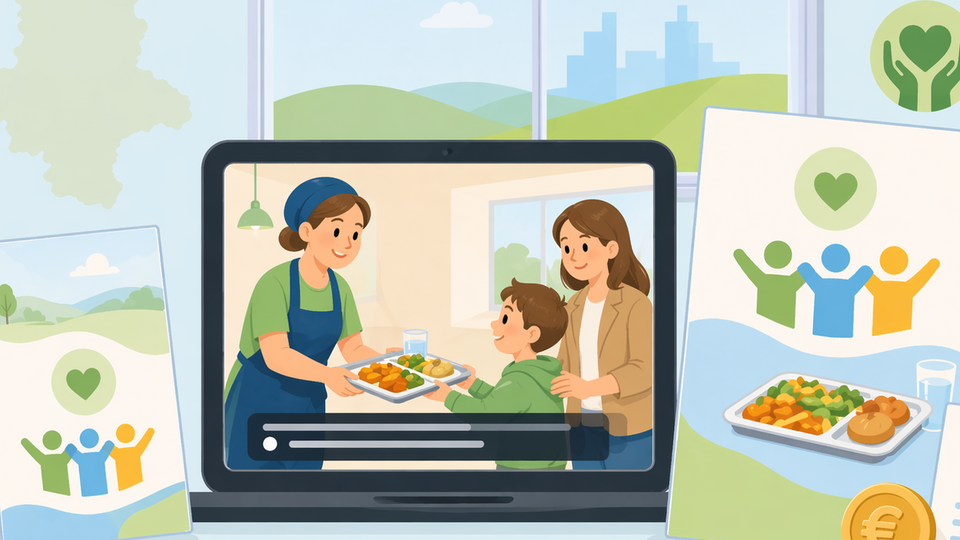 Illustration mit Infomedien (Video, Flyer, Plakat) zum Mittagessen im BuT-Rahmen